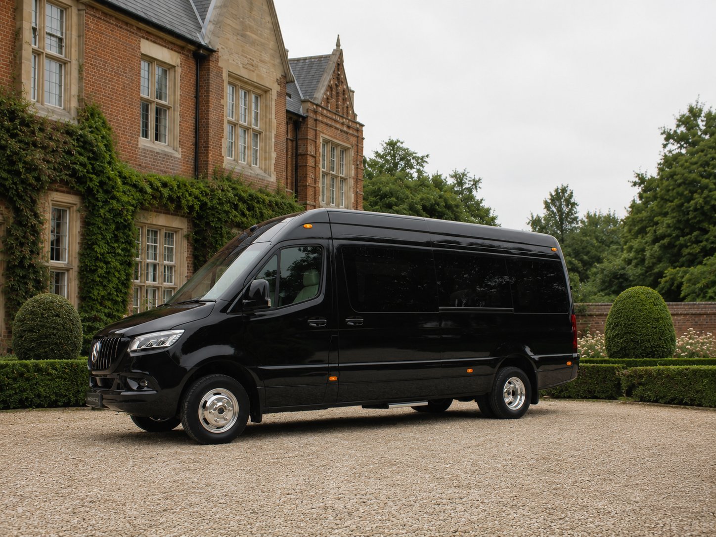 Black luxury van parked on gravel driveway in front of Victorian brick mansion with ivy-covered walls and manicured hedges