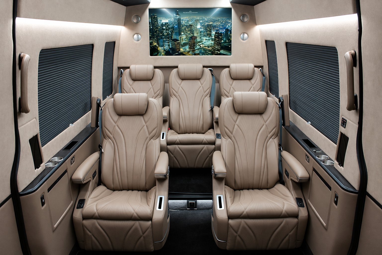 Luxury van interior with beige leather seats arranged in three rows, overhead monitor displaying scenery, and modern ambient lighting