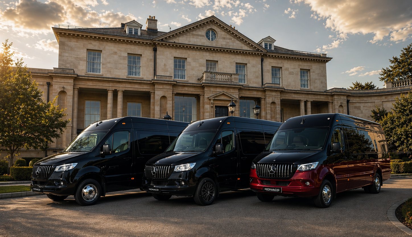 Three black and burgundy luxury vehicles parked in front of a grand stone mansion during golden hour