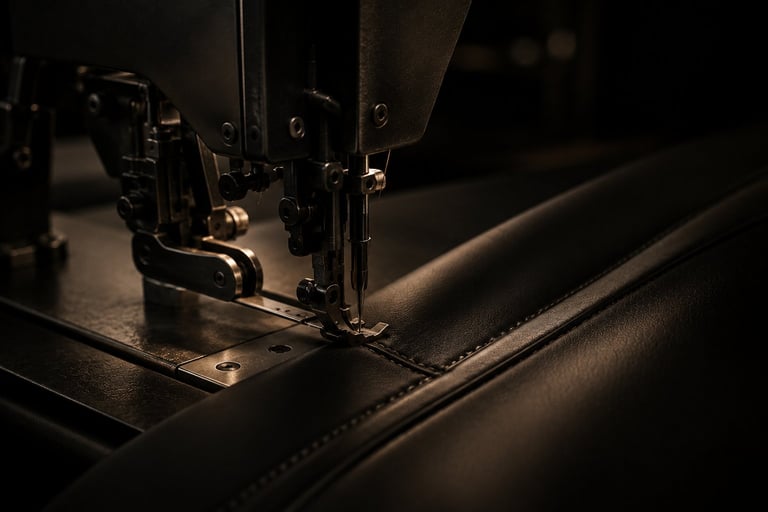 Close-up of a sewing machine needle and presser foot stitching dark fabric with precision, showing detailed tailoring work