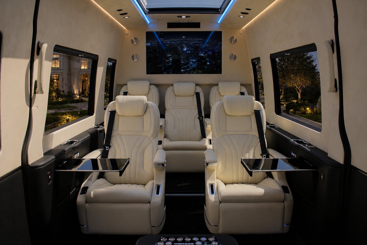 Interior of luxury van with cream leather seats, panoramic skylights, and ambient lighting showing premium cabin design